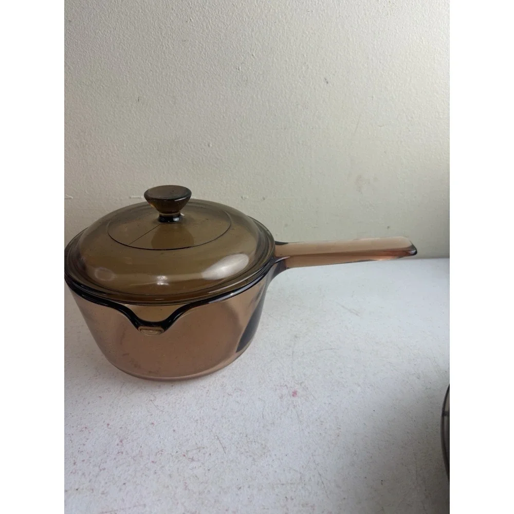 Vintage Corning Vision Ware 1L Amber Glass Pot Sauce Pan With Lid Made In USA